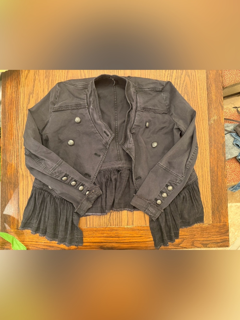 Free People Black Double-Breasted Ruffle Hem Jean Jacket